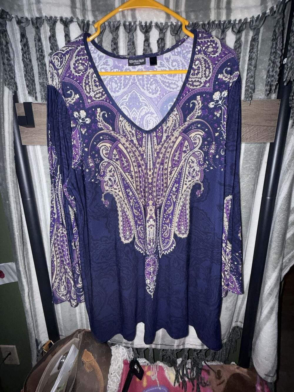 Effortless Style by Citiknits Top Purple Paisley V-Neck Pleated Sleeve